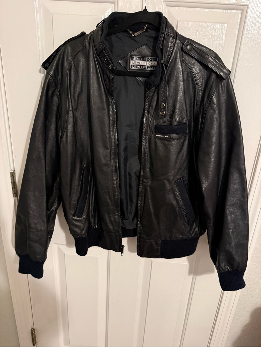 Vintage Members Only Black Leather Bomber Jacket with Epaulets and Ribbed Hem